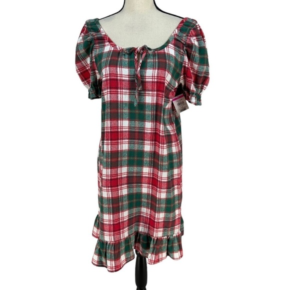 Nordstrom Short Puff Sleeve Tie Collar Ruffle Bottom Dress - Green Red - size XS - Picture 1 of 8